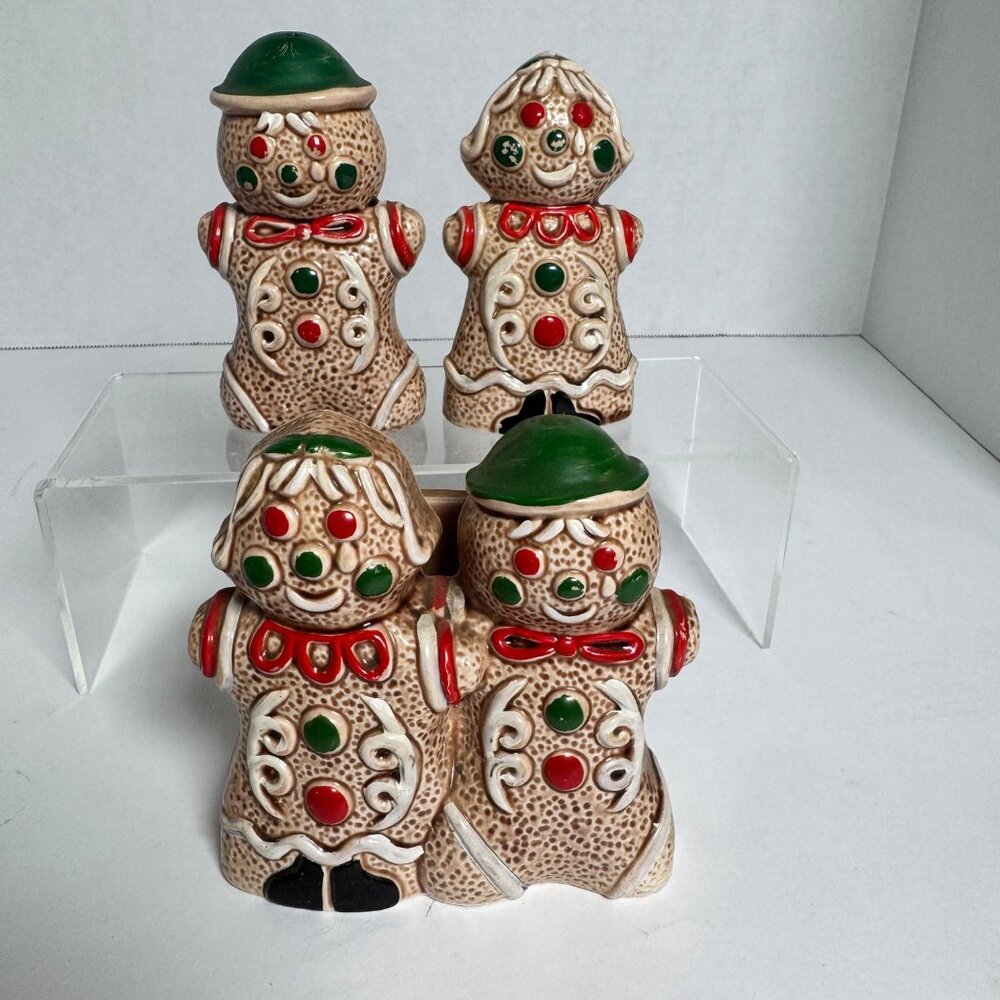 Vintage Gingerbread Man Woman Salt Pepper Shakers & Napkin Holder Japan Ceramic